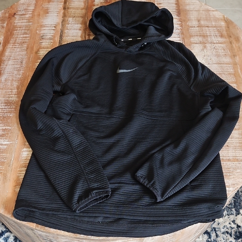 Nike Black Ribbed Hooded Sweatshirt with Grey Swoosh Size M